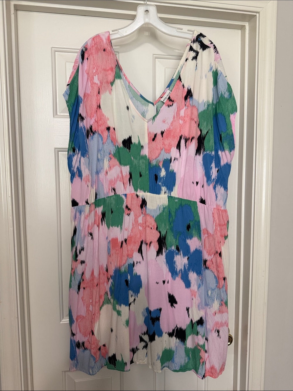 AVA & VIV V-Neck Watercolor Print Dress in Pink, Blue & Green